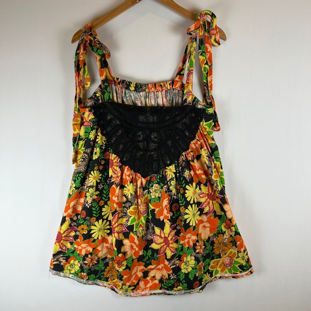 Free People Bali Moroccan Floral Tie Shoulder Tunic Top‎ Black Lace  Small